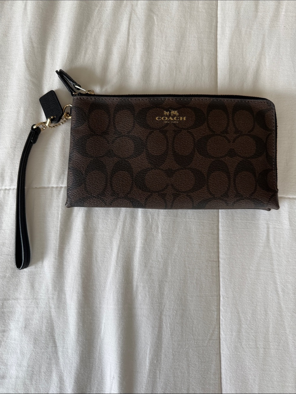 Coach Brown Signature Canvas Wristlet with Black Strap